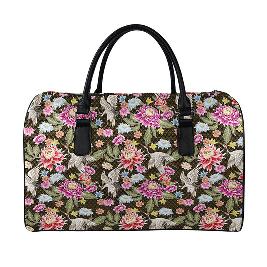 Asian Crane Bird Pattern Print Leather Duffle Bag