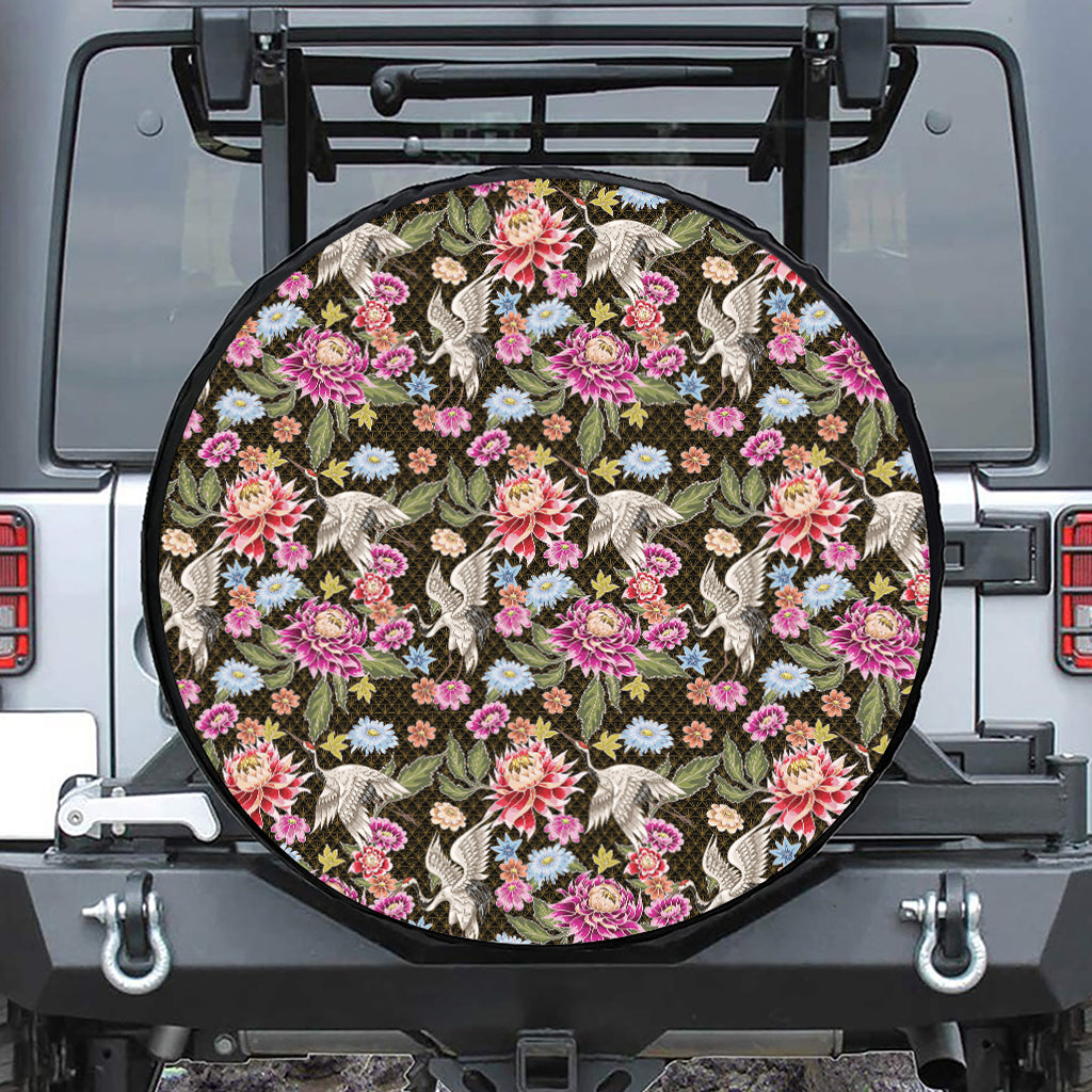 Asian Crane Bird Pattern Print Leather Spare Tire Cover