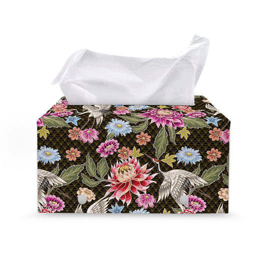 Asian Crane Bird Pattern Print Leather Tissue Box Cover