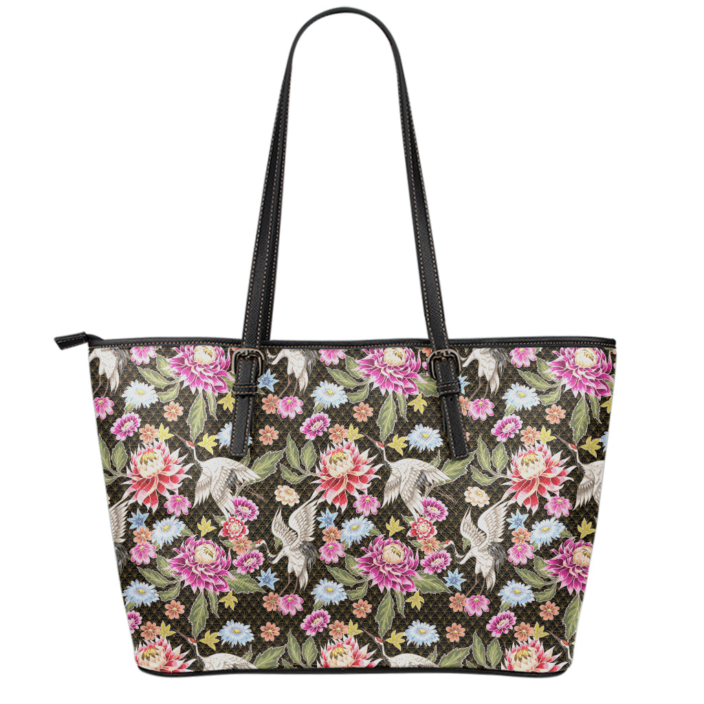 Asian Crane Bird Pattern Print Leather Tote Bag