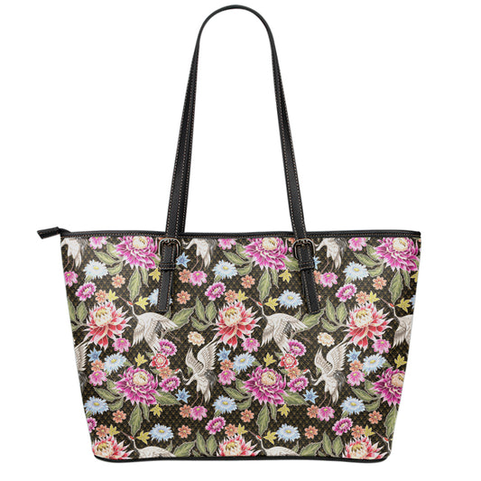 Asian Crane Bird Pattern Print Leather Tote Bag