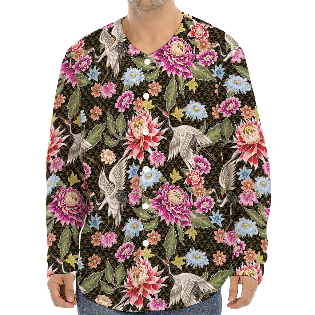 Asian Crane Bird Pattern Print Long Sleeve Baseball Jersey