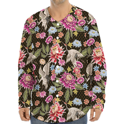 Asian Crane Bird Pattern Print Long Sleeve Baseball Jersey