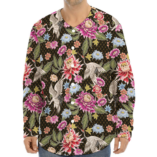 Asian Crane Bird Pattern Print Long Sleeve Baseball Jersey