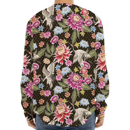 Asian Crane Bird Pattern Print Long Sleeve Baseball Jersey