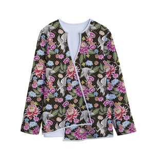 Asian Crane Bird Pattern Print Long Sleeve Short Coat