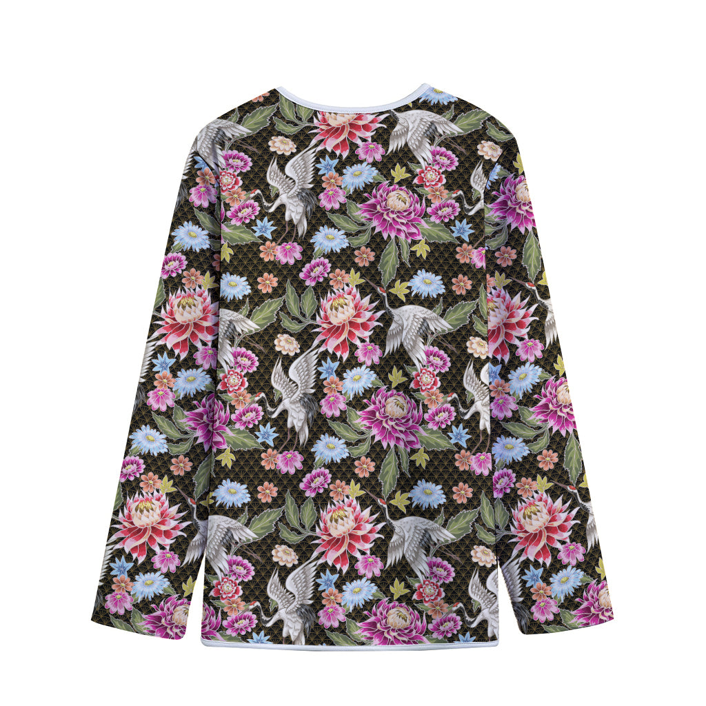 Asian Crane Bird Pattern Print Long Sleeve Short Coat