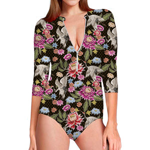 Asian Crane Bird Pattern Print Long Sleeve Swimsuit