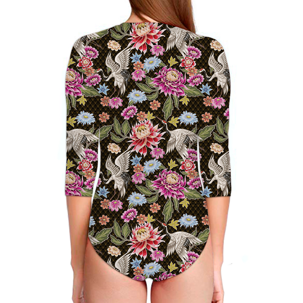 Asian Crane Bird Pattern Print Long Sleeve Swimsuit