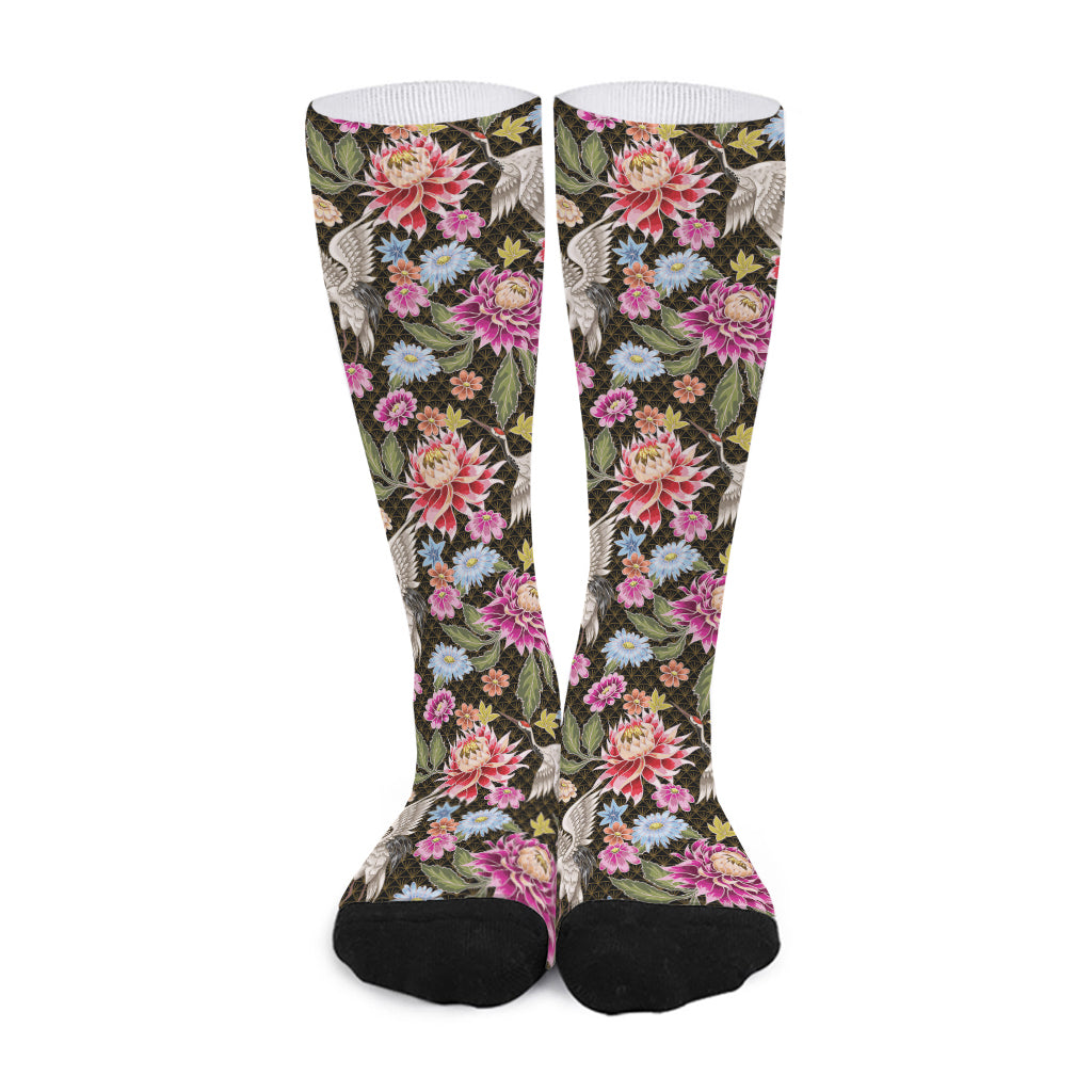 Asian Crane Bird Pattern Print Long Socks