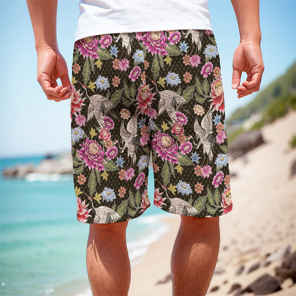 Asian Crane Bird Pattern Print Men's Cargo Shorts