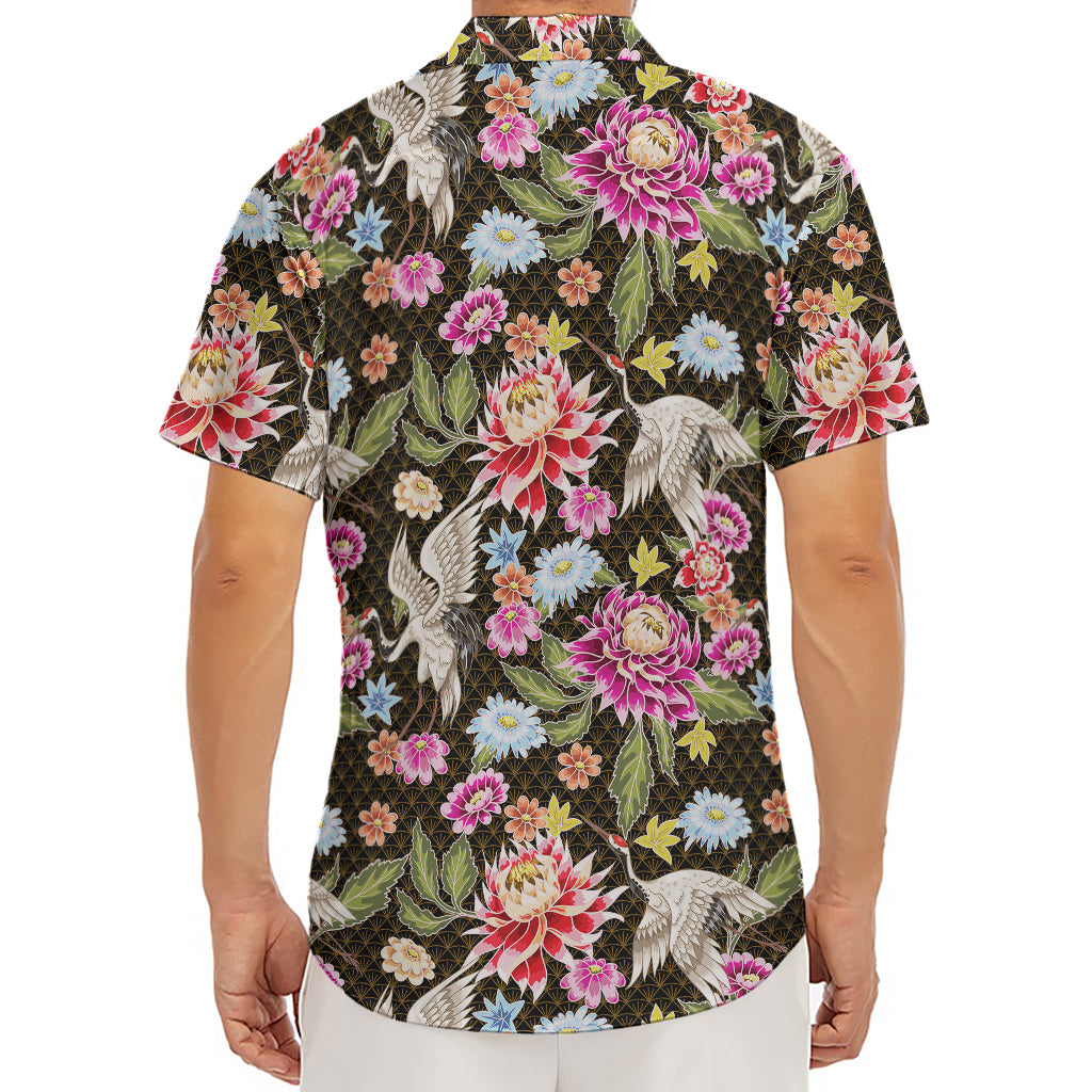 Asian Crane Bird Pattern Print Men's Deep V-Neck Shirt
