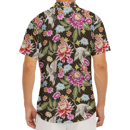 Asian Crane Bird Pattern Print Men's Deep V-Neck Shirt