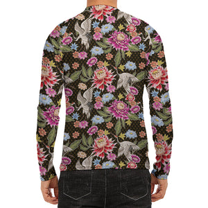 Asian Crane Bird Pattern Print Men's Long Sleeve Rash Guard