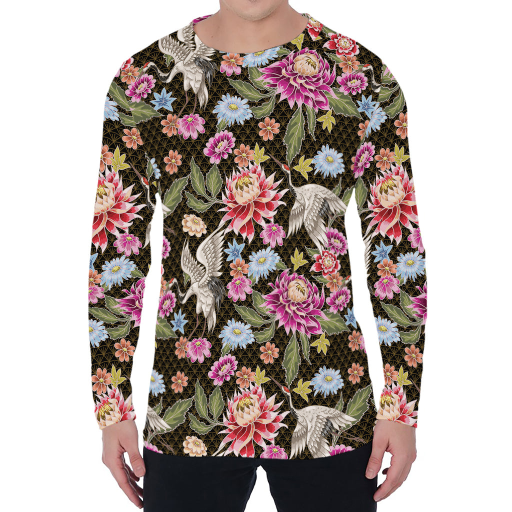 Asian Crane Bird Pattern Print Men's Long Sleeve T-Shirt