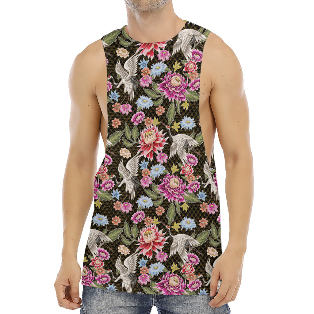 Asian Crane Bird Pattern Print Men's Muscle Tank Top