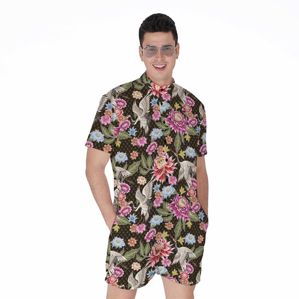 Asian Crane Bird Pattern Print Men's Rompers