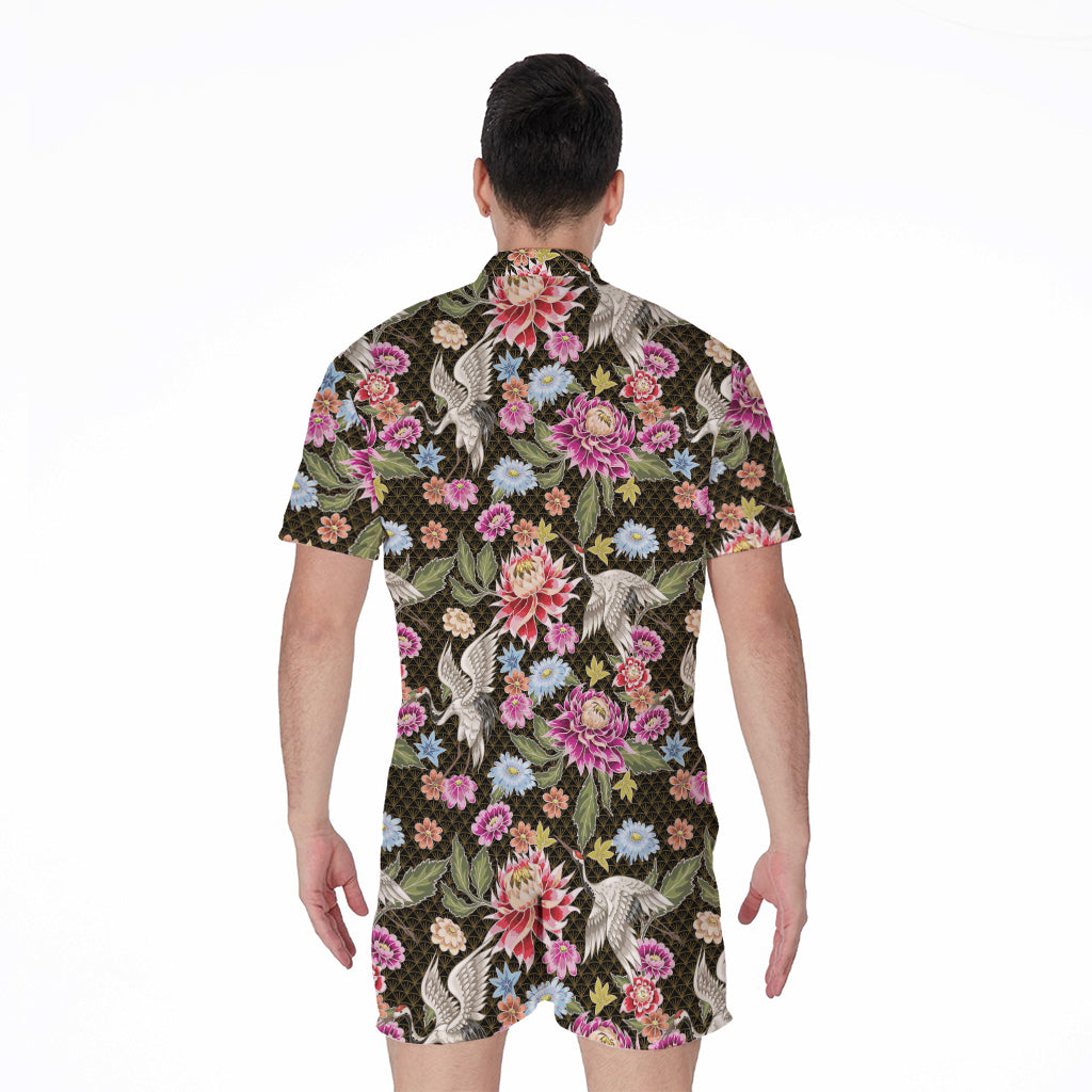 Asian Crane Bird Pattern Print Men's Rompers