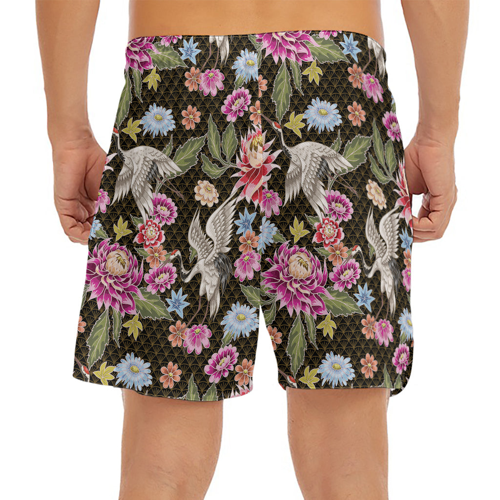 Asian Crane Bird Pattern Print Men's Split Running Shorts