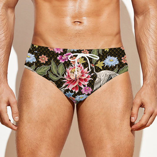 Asian Crane Bird Pattern Print Men's Swim Briefs