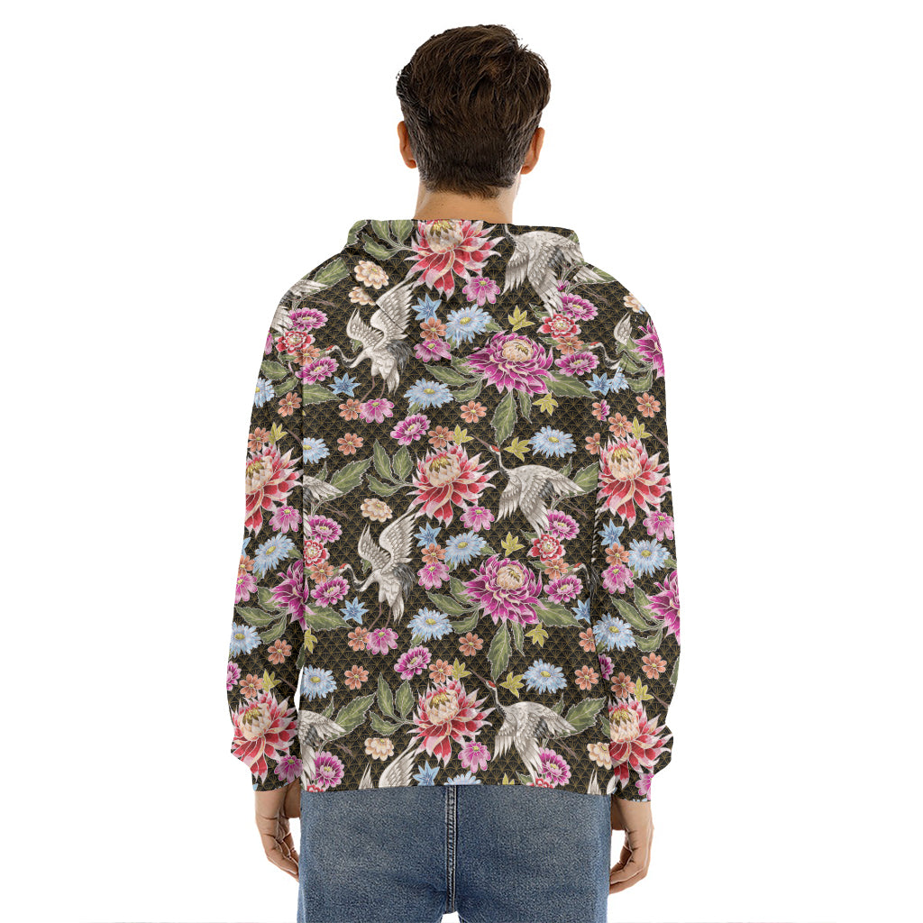 Asian Crane Bird Pattern Print Men's Velvet Pullover Hoodie