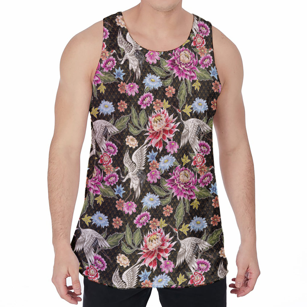 Asian Crane Bird Pattern Print Men's Velvet Tank Top