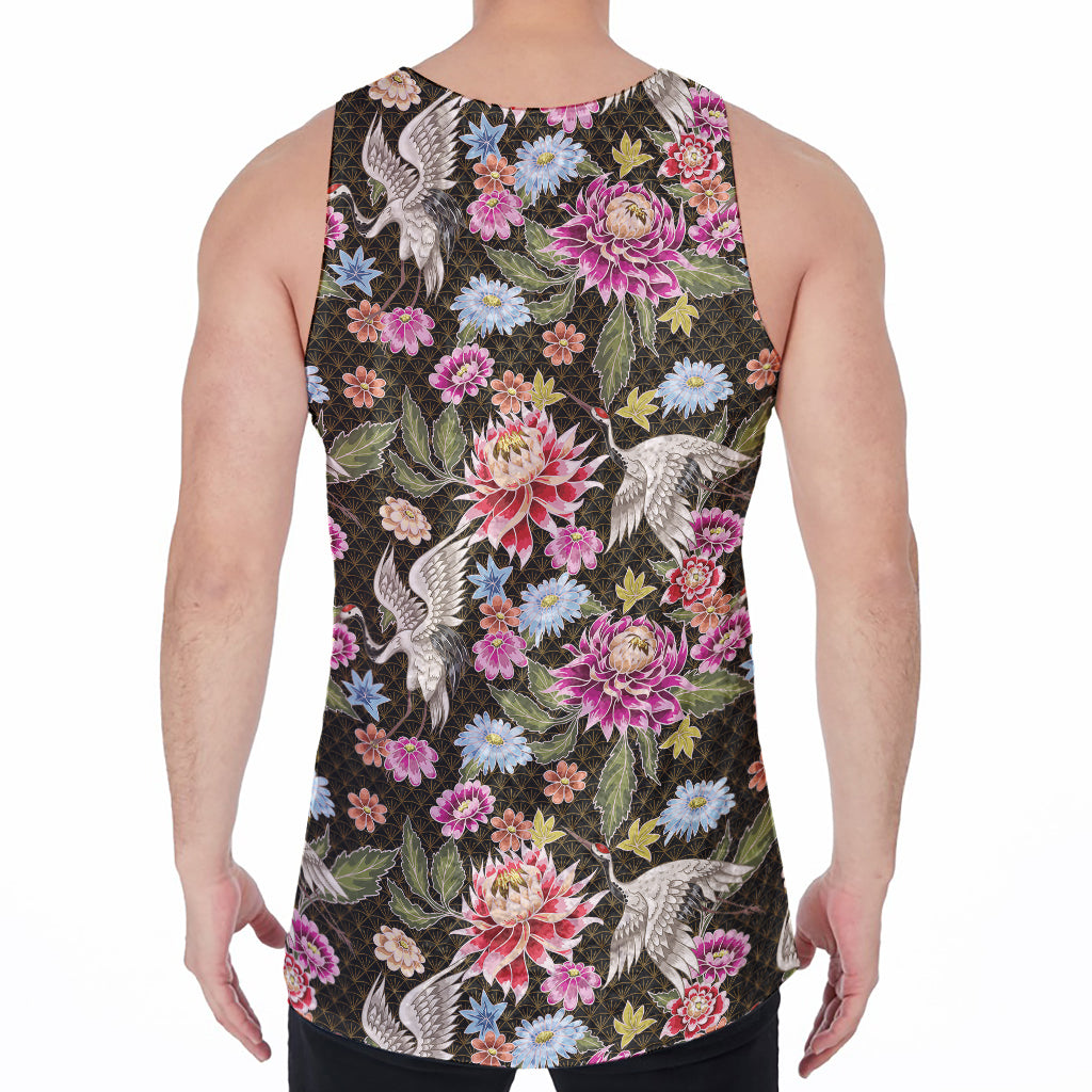 Asian Crane Bird Pattern Print Men's Velvet Tank Top