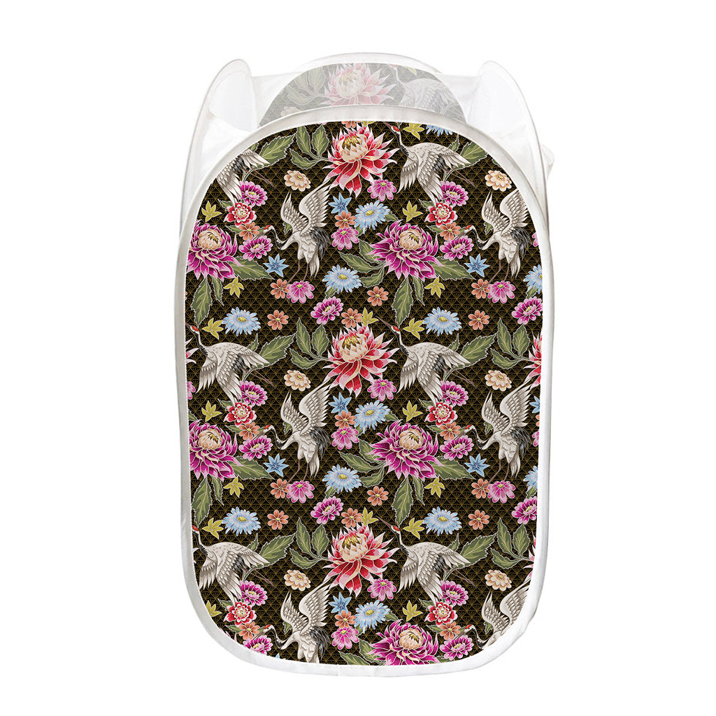 Asian Crane Bird Pattern Print Mesh Laundry Hamper