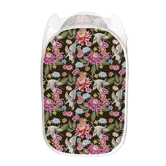 Asian Crane Bird Pattern Print Mesh Laundry Hamper