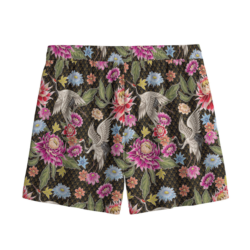 Asian Crane Bird Pattern Print Mesh Shorts