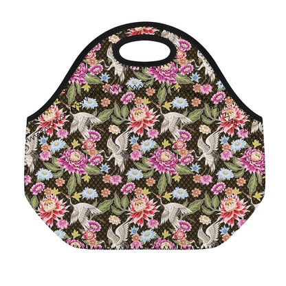 Asian Crane Bird Pattern Print Neoprene Lunch Bag