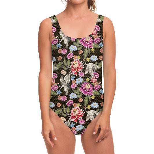 Asian Crane Bird Pattern Print One Piece Swimsuit