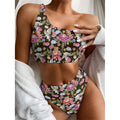 Asian Crane Bird Pattern Print One Shoulder Bikini Set