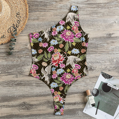 Asian Crane Bird Pattern Print One Shoulder Bodysuit