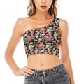 Asian Crane Bird Pattern Print One Shoulder Crop Top