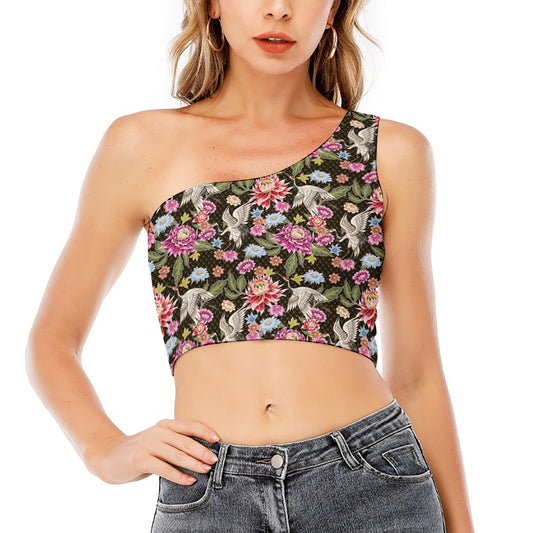 Asian Crane Bird Pattern Print One Shoulder Crop Top