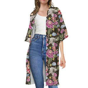 Asian Crane Bird Pattern Print Open Front Beach Cover Up