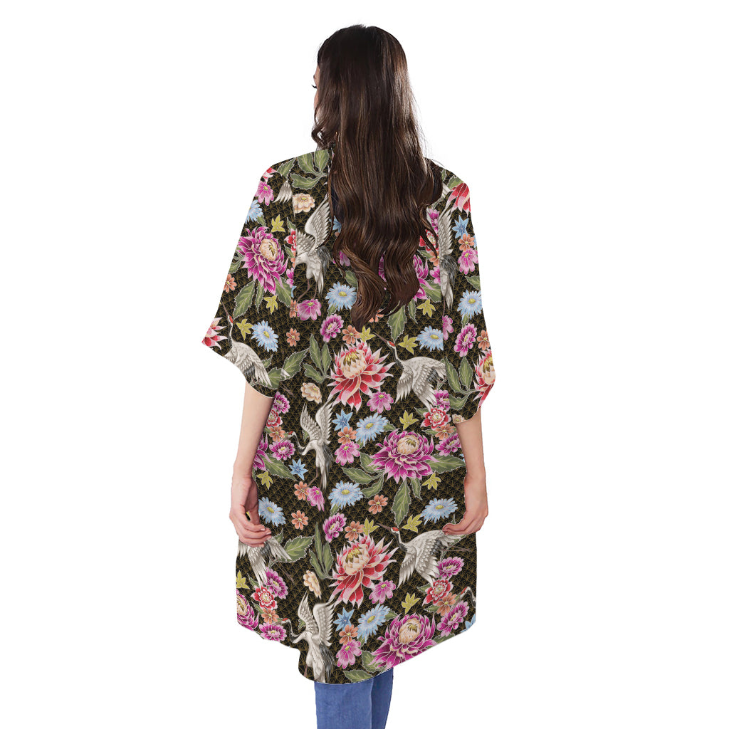 Asian Crane Bird Pattern Print Open Front Beach Cover Up