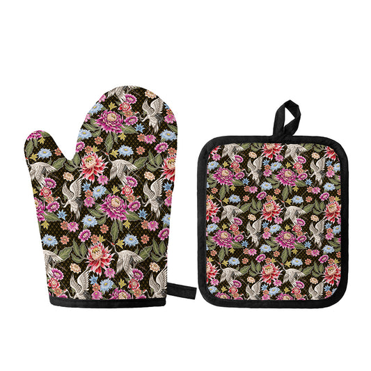 Asian Crane Bird Pattern Print Oven Mitt And Pot Holder Set
