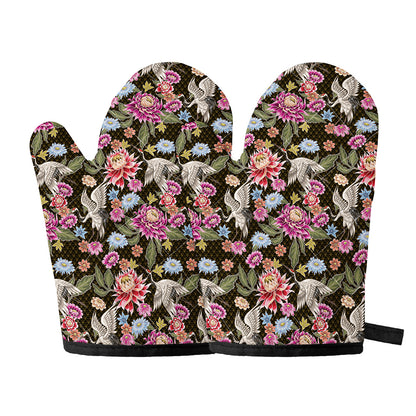 Asian Crane Bird Pattern Print Oven Mitts