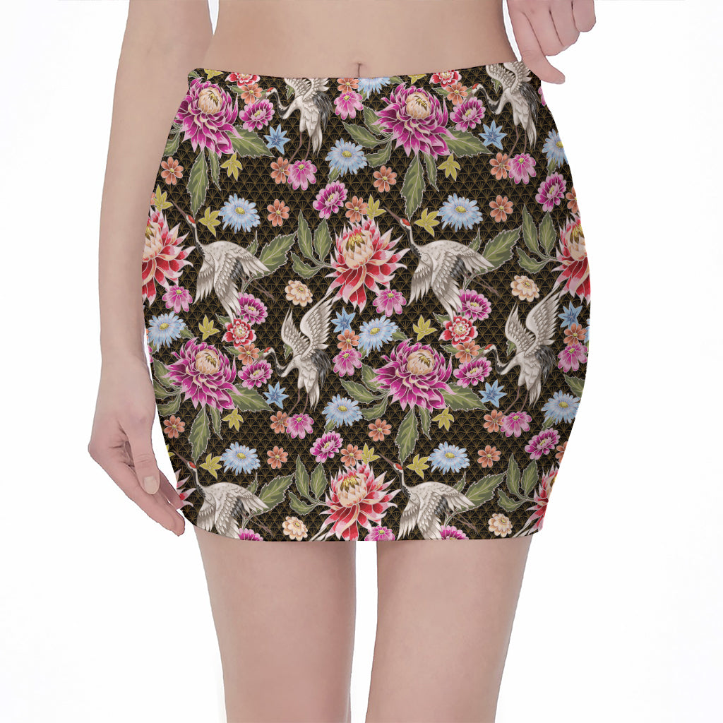 Asian Crane Bird Pattern Print Pencil Mini Skirt