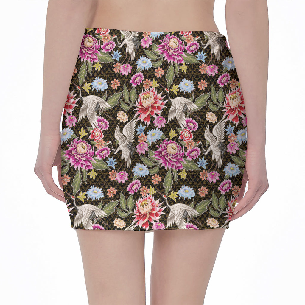 Asian Crane Bird Pattern Print Pencil Mini Skirt