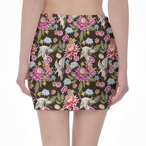 Asian Crane Bird Pattern Print Pencil Mini Skirt