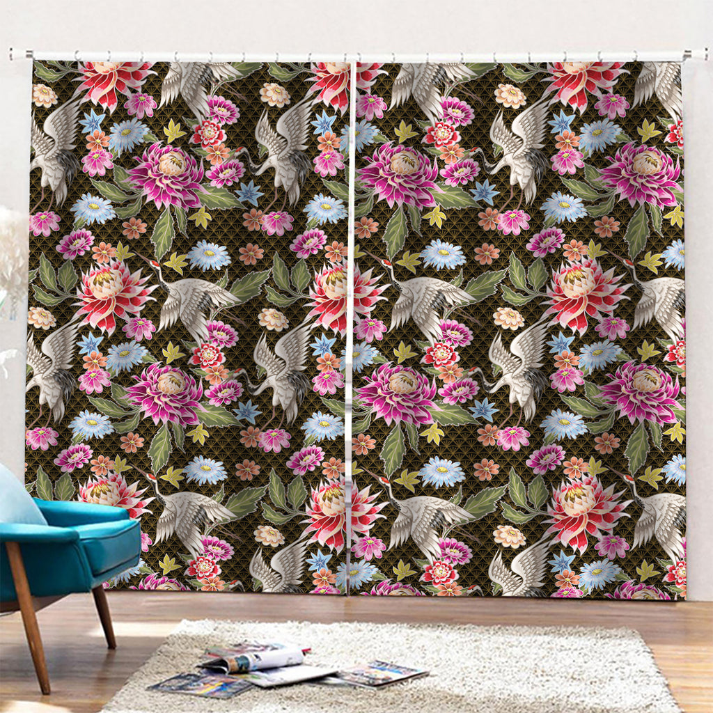 Asian Crane Bird Pattern Print Pencil Pleat Curtains