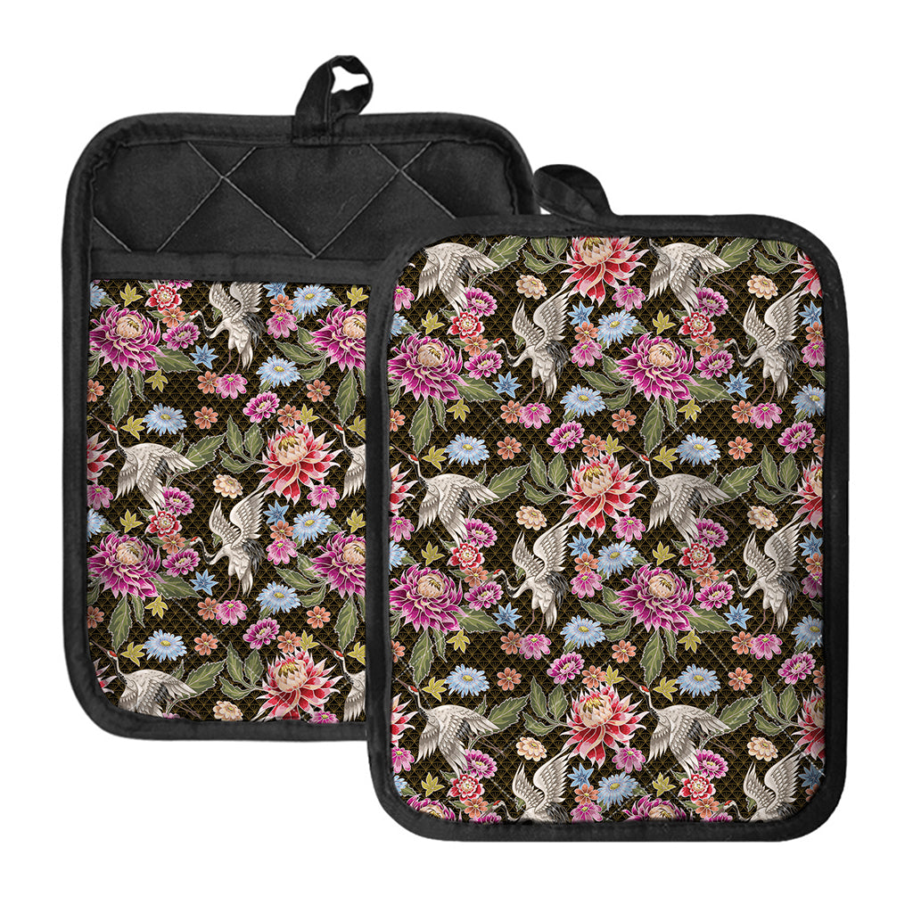 Asian Crane Bird Pattern Print Pot Holders With Pocket