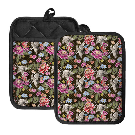 Asian Crane Bird Pattern Print Pot Holders With Pocket