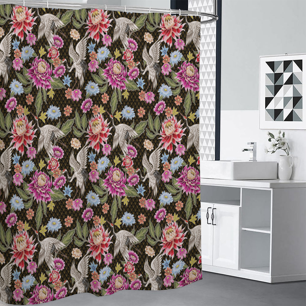 Asian Crane Bird Pattern Print Premium Shower Curtain