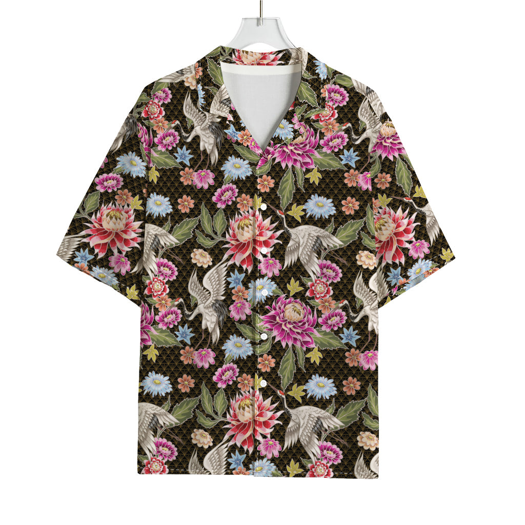 Asian Crane Bird Pattern Print Rayon Hawaiian Shirt