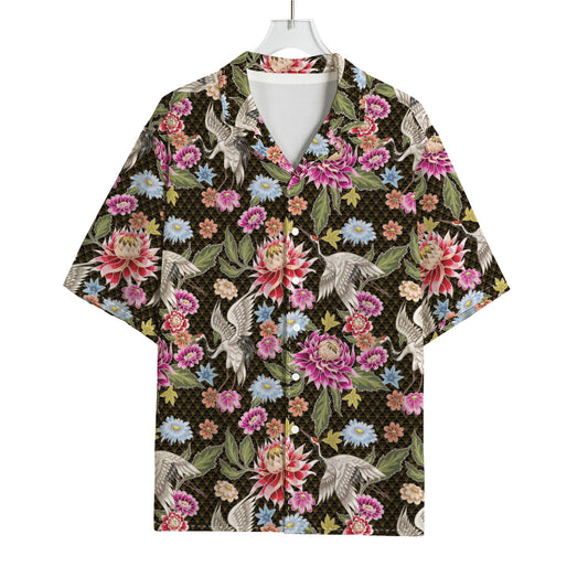 Asian Crane Bird Pattern Print Rayon Hawaiian Shirt