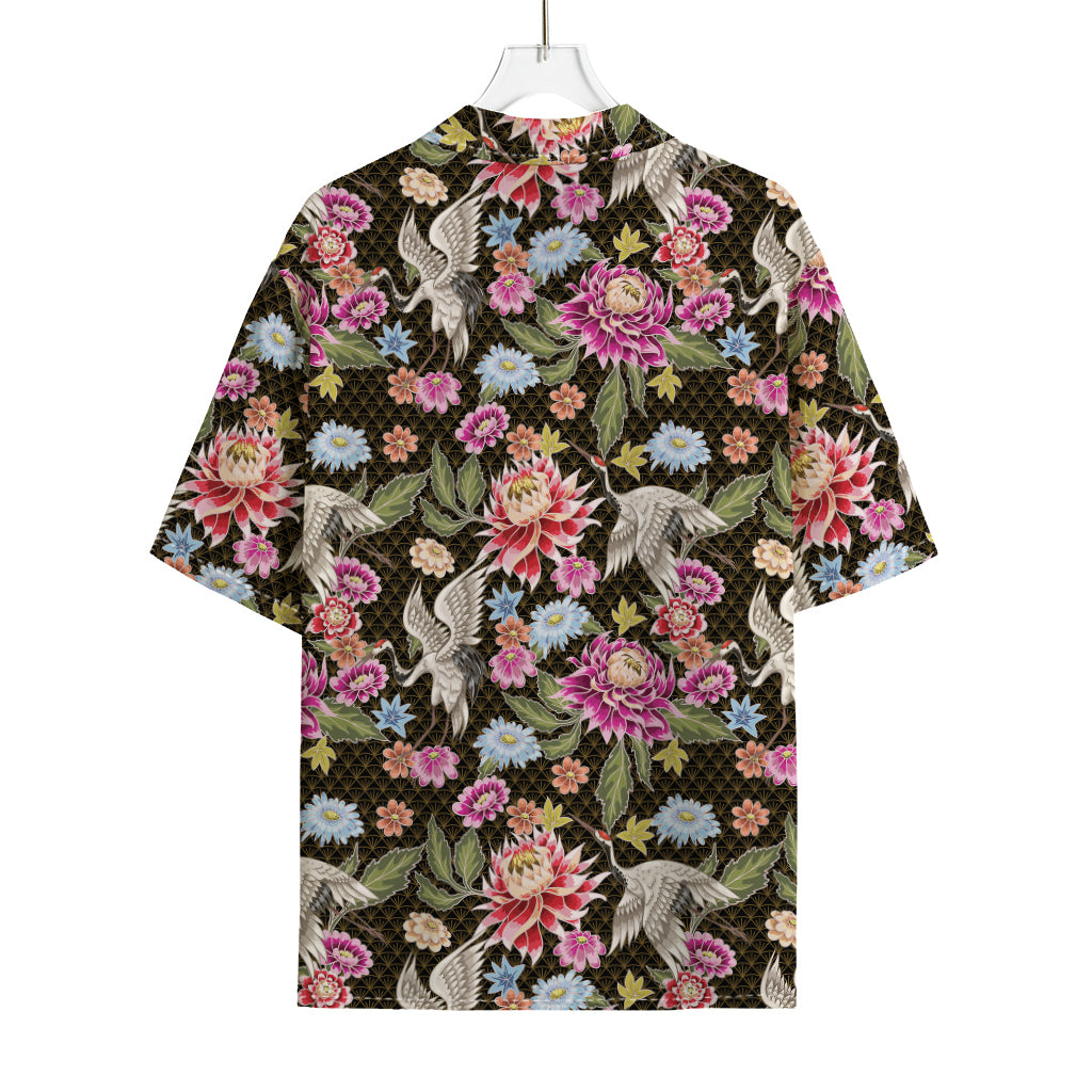 Asian Crane Bird Pattern Print Rayon Hawaiian Shirt